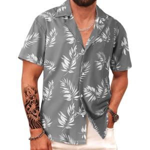 imageAPTRO Mens Hawaiian Shirt Short Sleeve Tropical Vacation Button Down Beach Floral Palm ShirtsS181 Palm Grey
