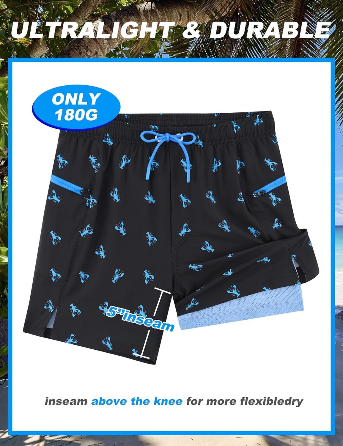 imageAPTRO 2 in 1 Mens Swim Trunks 5quot Quick Dry Swim Shorts Bathing Suit Swim Trunks with Zipper PocketsW09 Blueblack Lobster