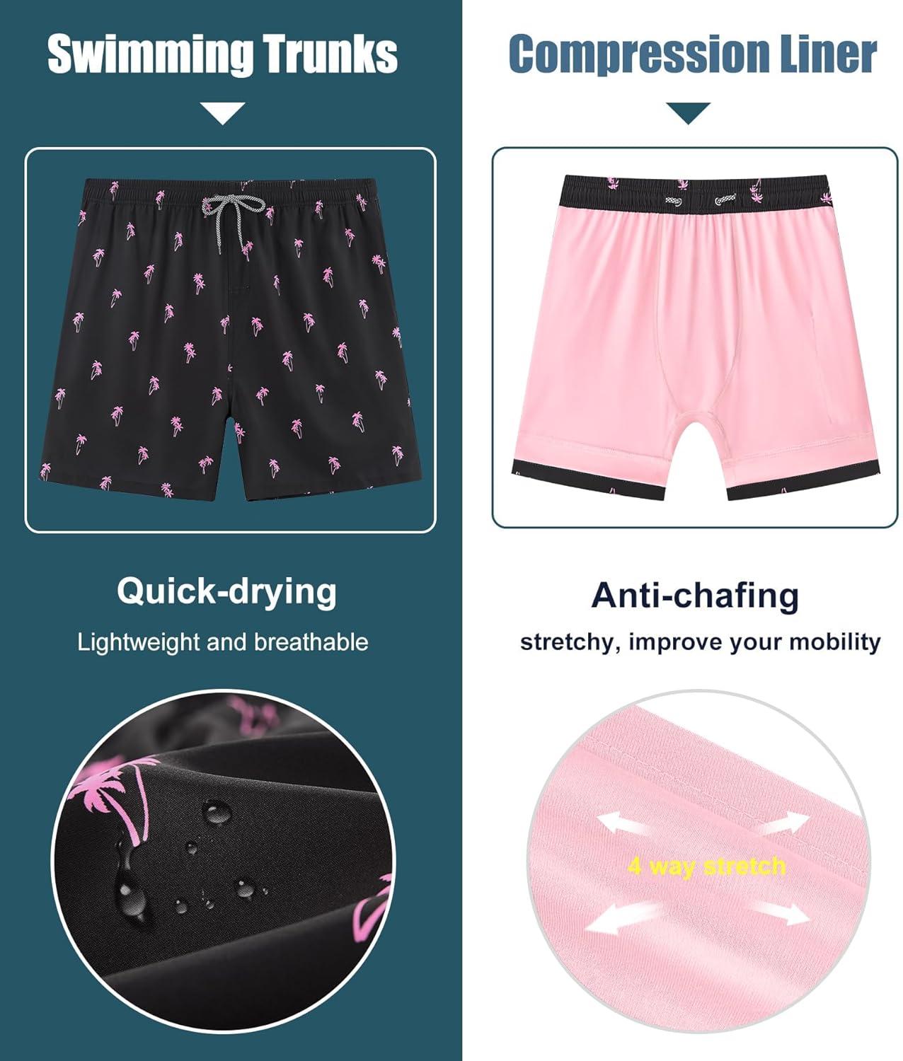 imageAPTRO Mens Swim Trunks with Compression Liner 5 Inch Bathing Suit Beach SwimsuitsBlackpink Palm