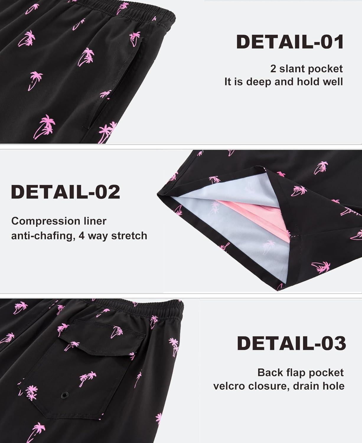 imageAPTRO Mens Swim Trunks with Compression Liner 5 Inch Bathing Suit Beach SwimsuitsBlackpink Palm