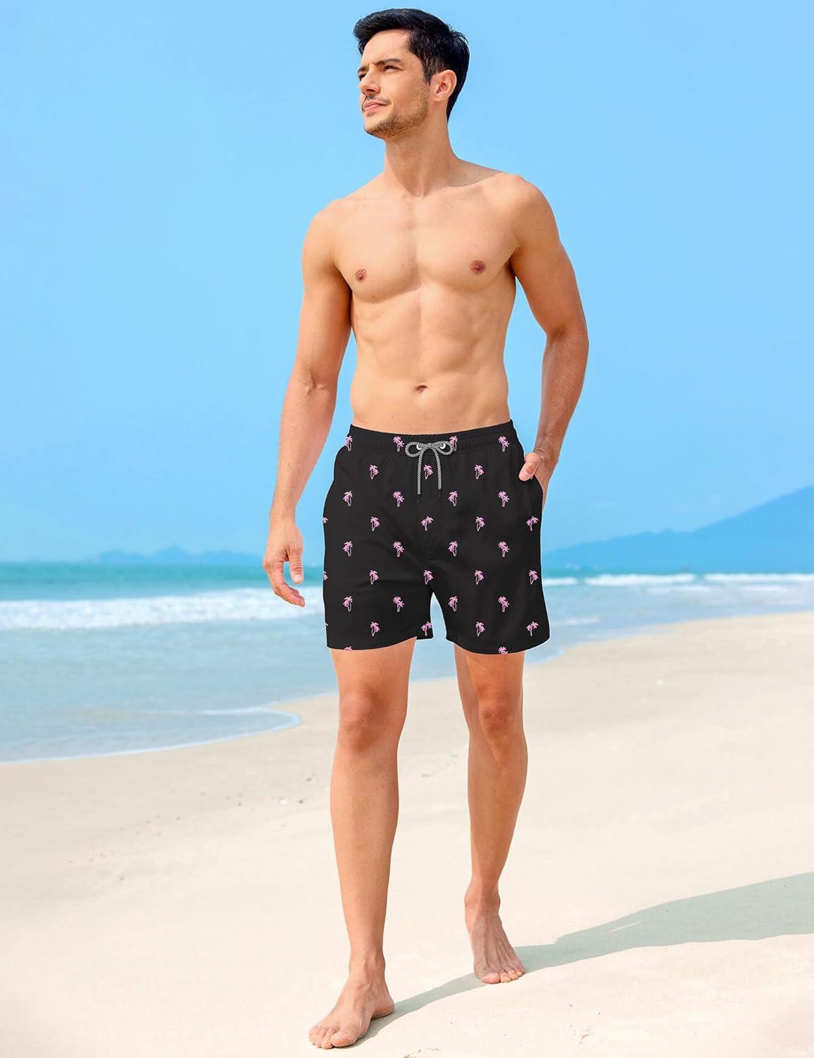 imageAPTRO Mens Swim Trunks with Compression Liner 5 Inch Bathing Suit Beach SwimsuitsBlackpink Palm