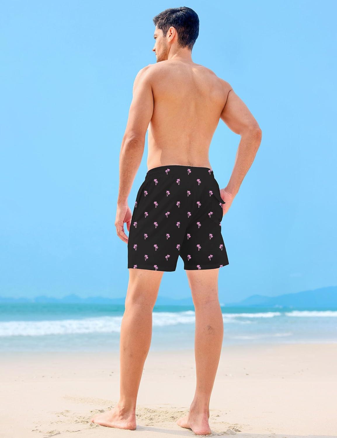 imageAPTRO Mens Swim Trunks with Compression Liner 5 Inch Bathing Suit Beach SwimsuitsBlackpink Palm