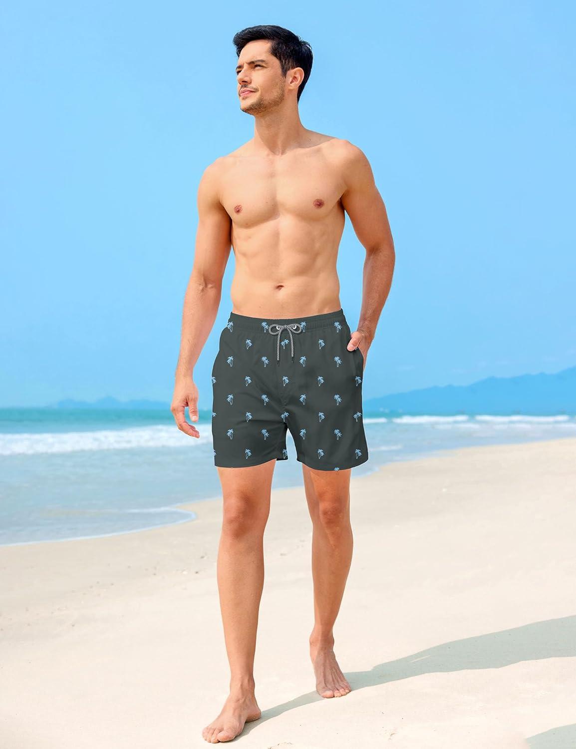 imageAPTRO Mens Swim Trunks with Compression Liner 5 Inch Bathing Suit Beach SwimsuitsGreyblue Palm