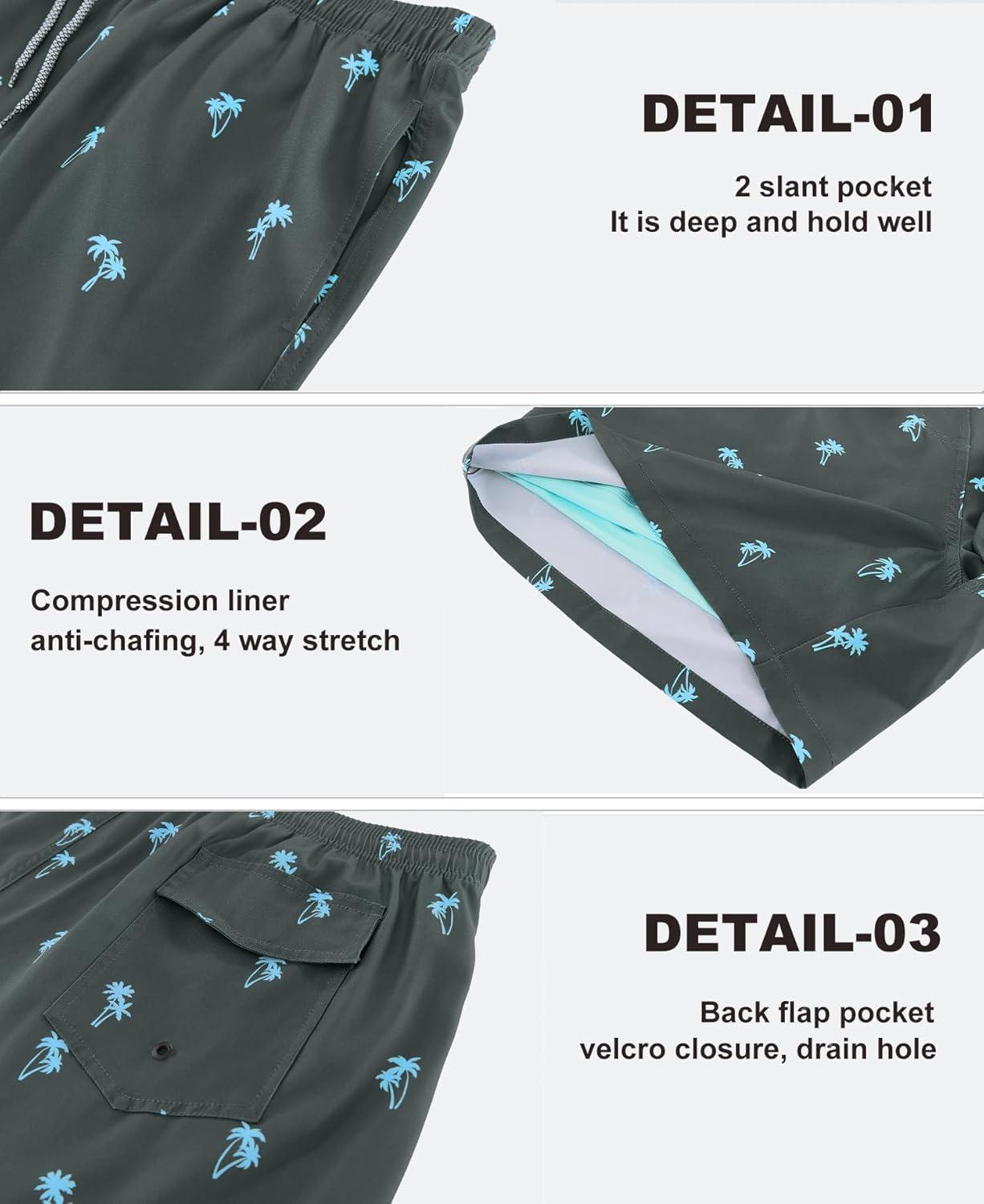 imageAPTRO Mens Swim Trunks with Compression Liner 5 Inch Bathing Suit Beach SwimsuitsGreyblue Palm