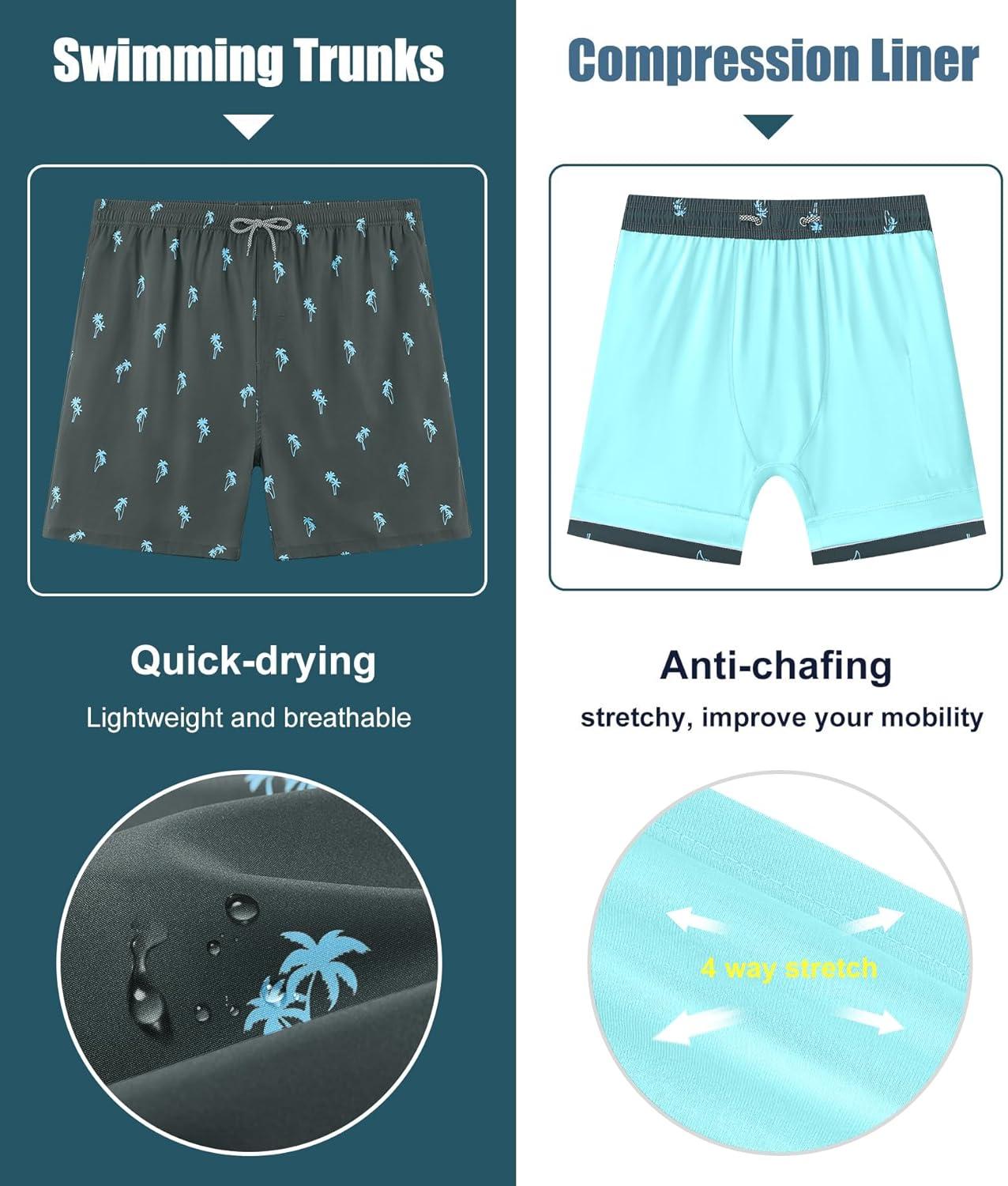 imageAPTRO Mens Swim Trunks with Compression Liner 5 Inch Bathing Suit Beach SwimsuitsGreyblue Palm