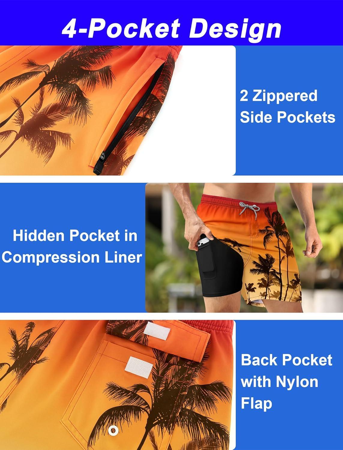 imageAPTRO Mens Swim Trunks with Compression Liner 5quot Quick Dry 2 in 1 Swimming Beach Board Shorts Bathing Suit Swimsuit SwimwearLr03 Coconut Tree Orange