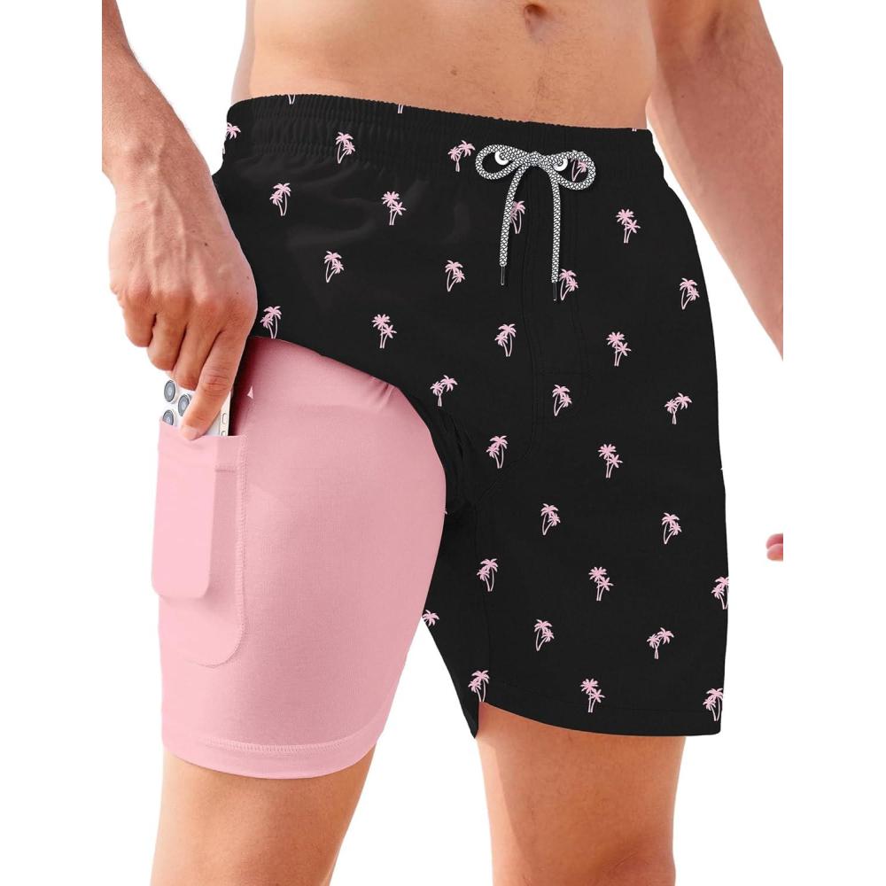 imageAPTRO Mens Swim Trunks with Compression Liner 5 Inch Bathing Suit Beach SwimsuitsBlackpink Palm