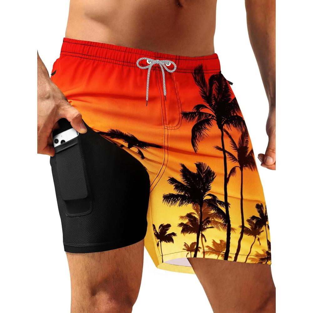 imageAPTRO Mens Swim Trunks with Compression Liner 5quot Quick Dry 2 in 1 Swimming Beach Board Shorts Bathing Suit Swimsuit SwimwearLr03 Coconut Tree Orange
