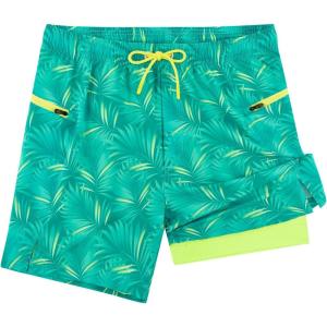 imageAPTRO 2 in 1 Mens Swim Trunks 5quot Quick Dry Swim Shorts Bathing Suit Swim Trunks with Zipper PocketsW08 Green Leaf