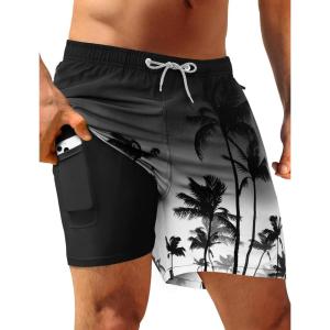 imageAPTRO Mens Swim Trunks with Compression Liner 5quot Quick Dry 2 in 1 Swimming Beach Board Shorts Bathing Suit Swimsuit SwimwearLr04 Coconut Tree Black