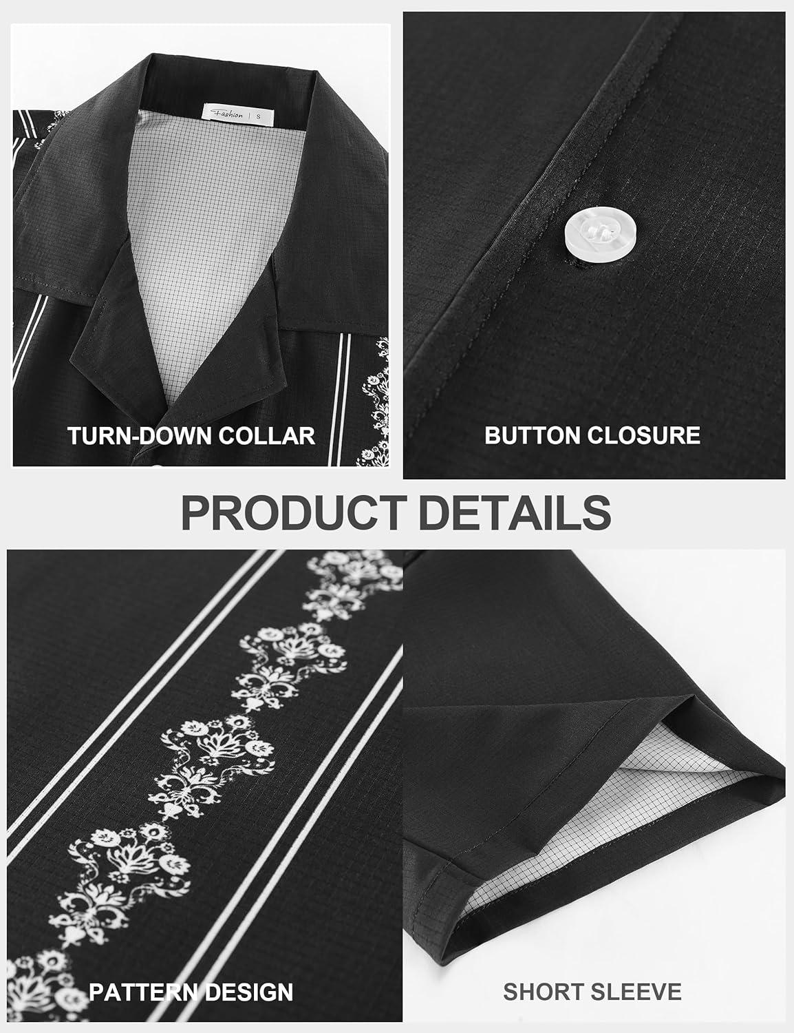 imageMens Cuban Guayabera Shirts Short Sleeve Casual Button Down Summer Shirt Beach Vacation TopsBlack