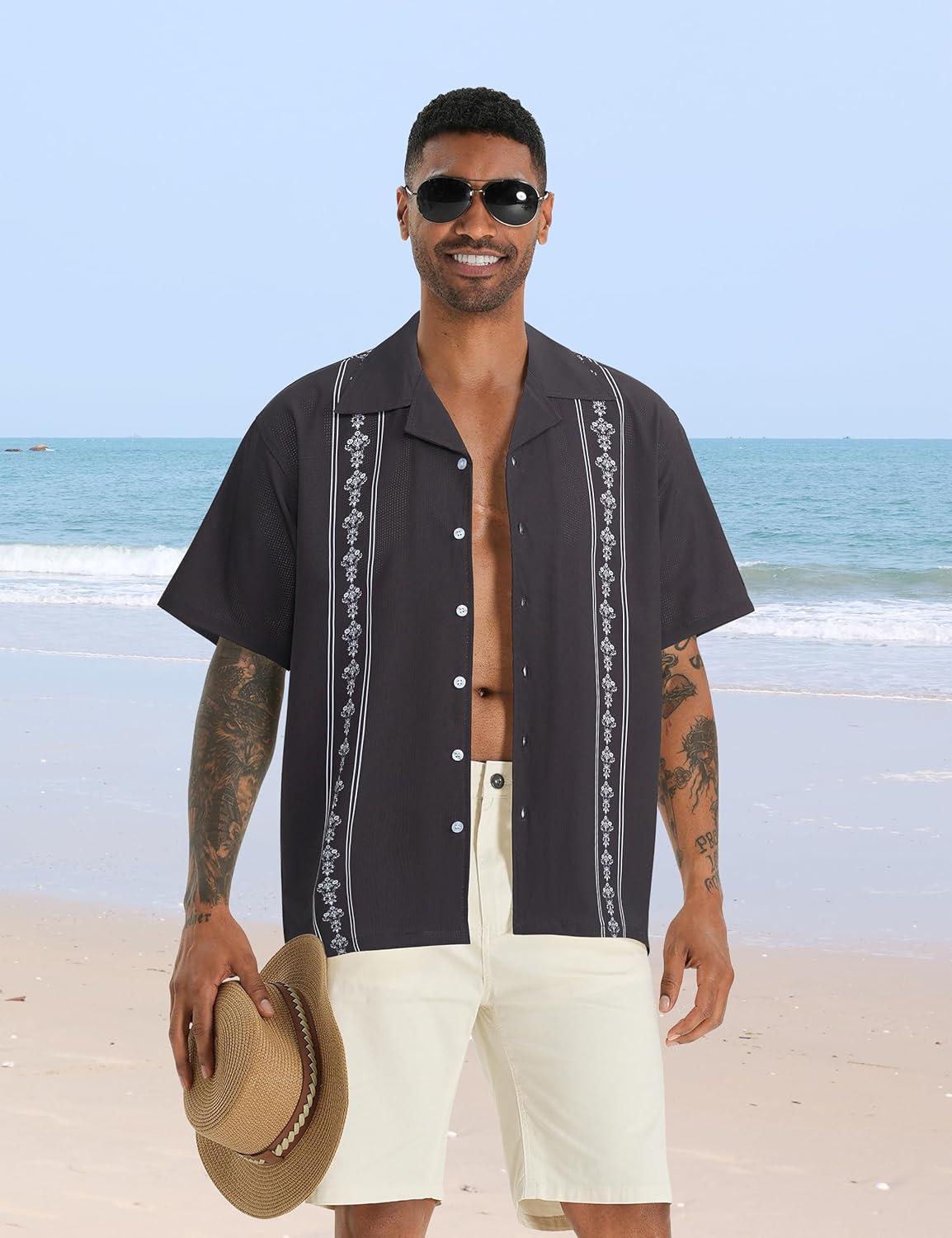 imageMens Cuban Guayabera Shirts Short Sleeve Casual Button Down Summer Shirt Beach Vacation TopsBlack