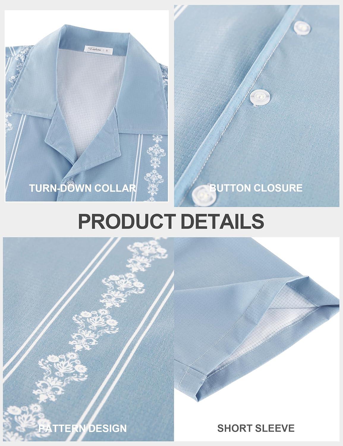 imageMens Cuban Guayabera Shirts Short Sleeve Casual Button Down Summer Shirt Beach Vacation TopsBlue