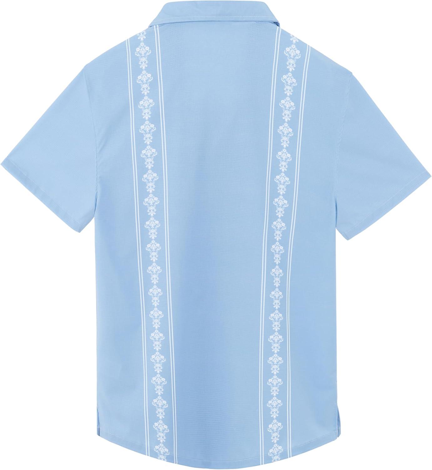 imageMens Cuban Guayabera Shirts Short Sleeve Casual Button Down Summer Shirt Beach Vacation TopsBlue