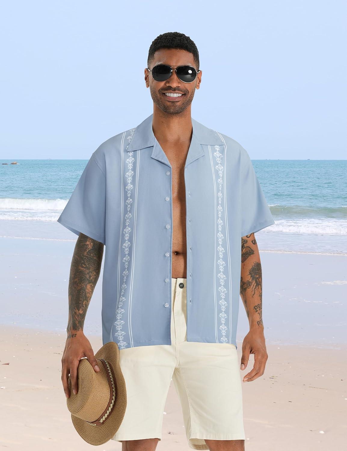 imageMens Cuban Guayabera Shirts Short Sleeve Casual Button Down Summer Shirt Beach Vacation TopsBlue