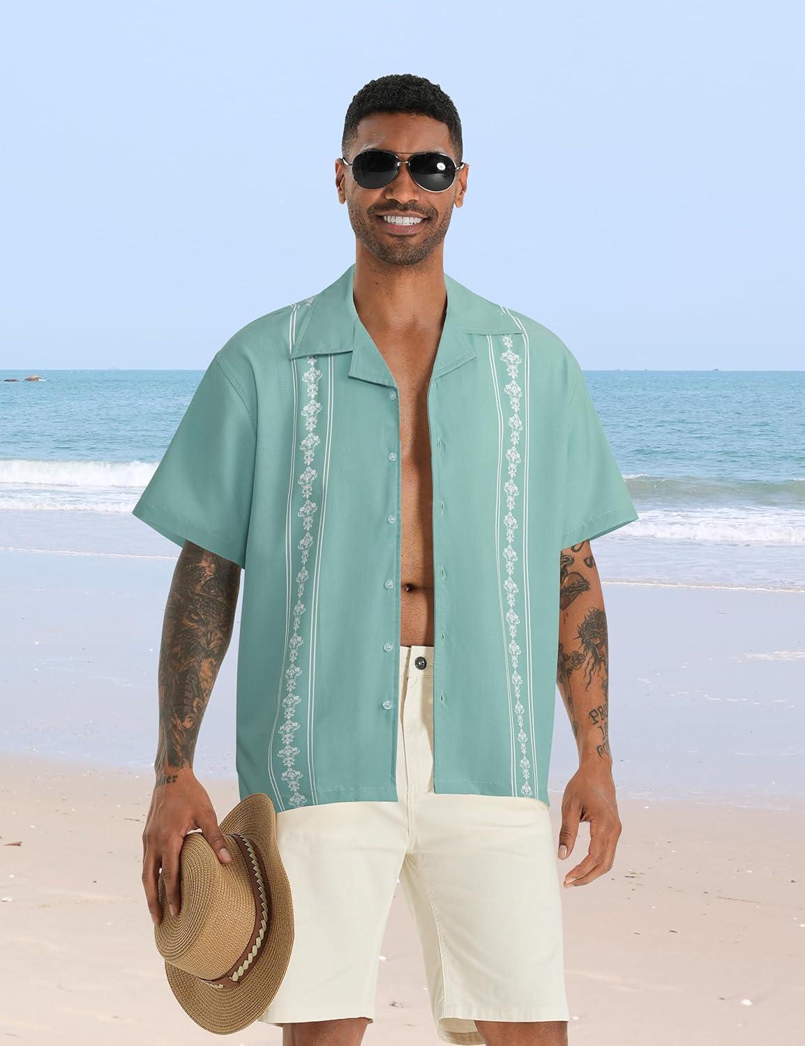 imageMens Cuban Guayabera Shirts Short Sleeve Casual Button Down Summer Shirt Beach Vacation TopsGreen