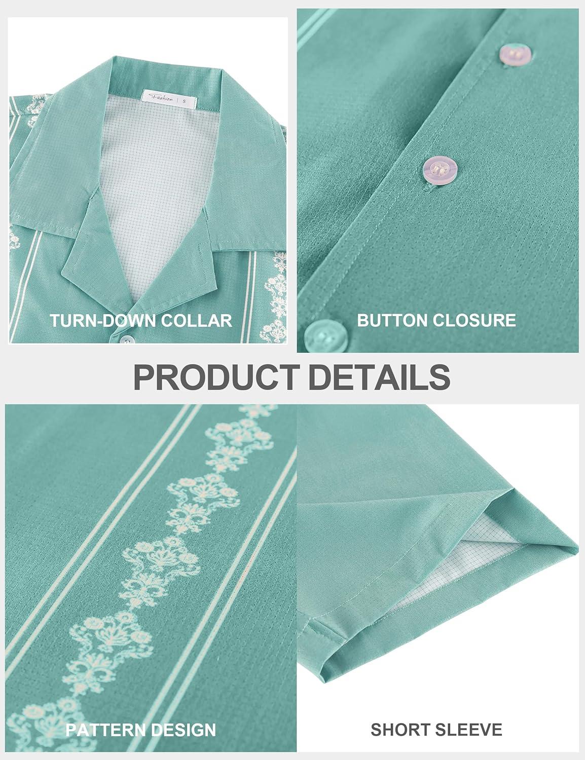 imageMens Cuban Guayabera Shirts Short Sleeve Casual Button Down Summer Shirt Beach Vacation TopsGreen