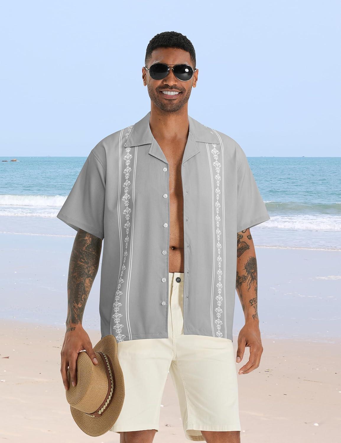 imageMens Cuban Guayabera Shirts Short Sleeve Casual Button Down Summer Shirt Beach Vacation TopsGrey