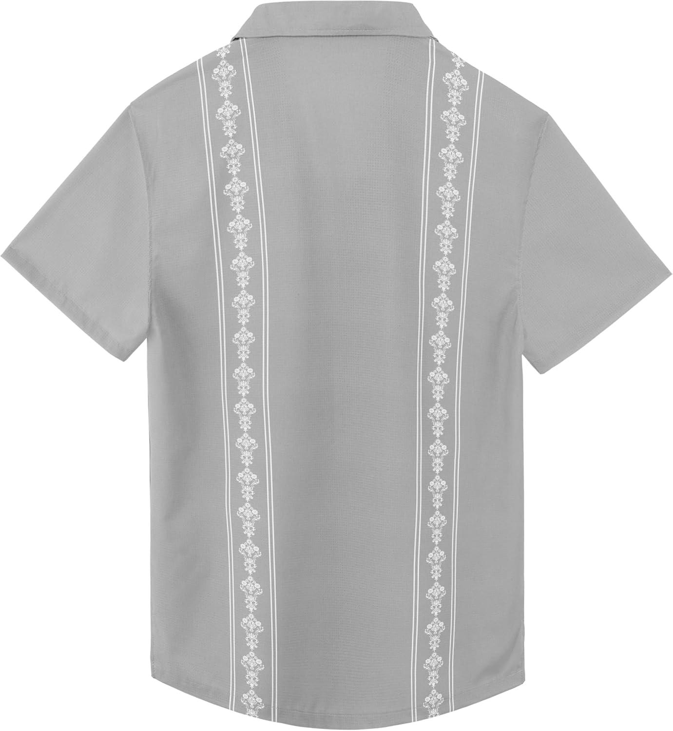 imageMens Cuban Guayabera Shirts Short Sleeve Casual Button Down Summer Shirt Beach Vacation TopsGrey