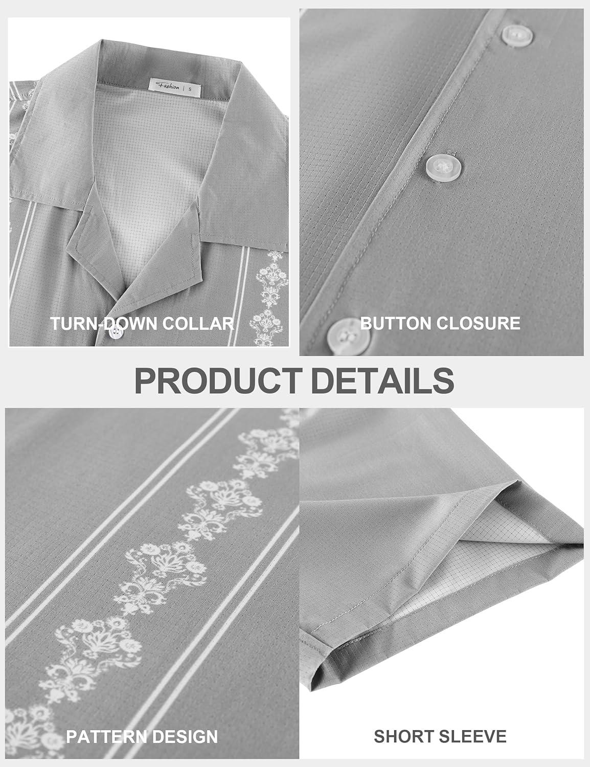 imageMens Cuban Guayabera Shirts Short Sleeve Casual Button Down Summer Shirt Beach Vacation TopsGrey