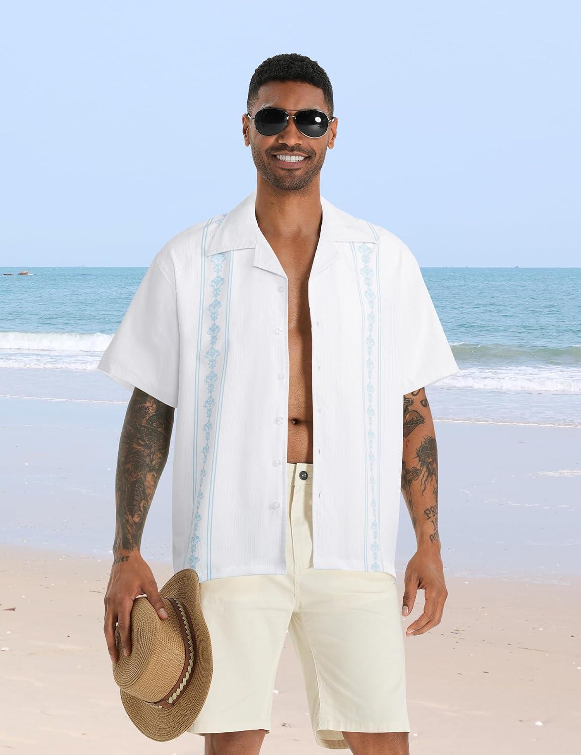 imageMens Cuban Guayabera Shirts Short Sleeve Casual Button Down Summer Shirt Beach Vacation TopsWhite