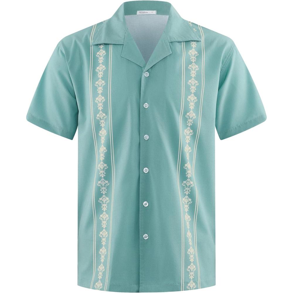 imageMens Cuban Guayabera Shirts Short Sleeve Casual Button Down Summer Shirt Beach Vacation TopsGreen