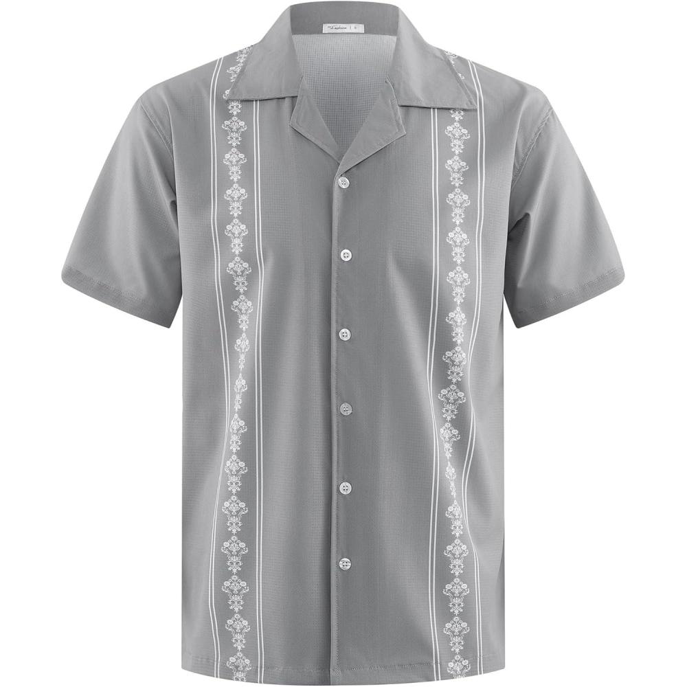 imageMens Cuban Guayabera Shirts Short Sleeve Casual Button Down Summer Shirt Beach Vacation TopsGrey