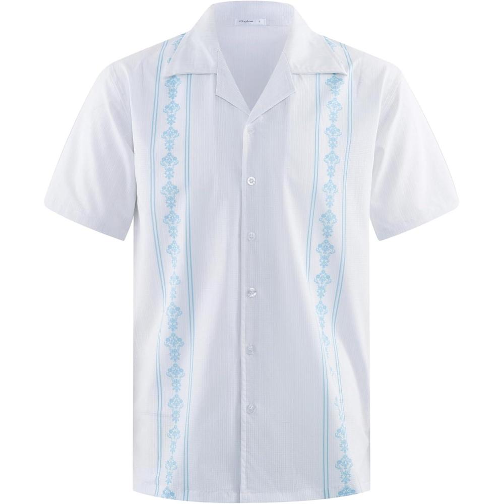 imageMens Cuban Guayabera Shirts Short Sleeve Casual Button Down Summer Shirt Beach Vacation TopsWhite