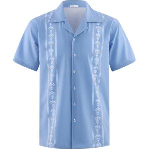 imageMens Cuban Guayabera Shirts Short Sleeve Casual Button Down Summer Shirt Beach Vacation TopsBlue