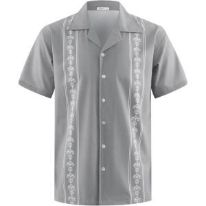 imageMens Cuban Guayabera Shirts Short Sleeve Casual Button Down Summer Shirt Beach Vacation TopsGrey