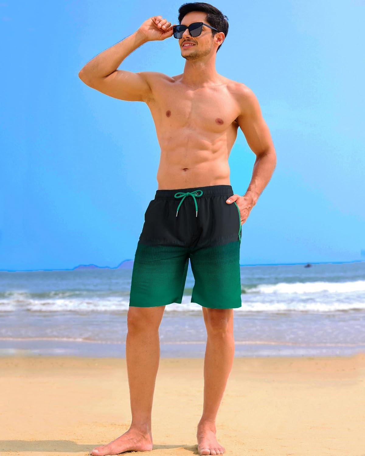 imageAPTRO Mens Swim Trunks 9 inch Bathing Suit Board Shorts with Zipper Pockets Swimming Swimsuit Beach Shorts Big and TallLr Black Green