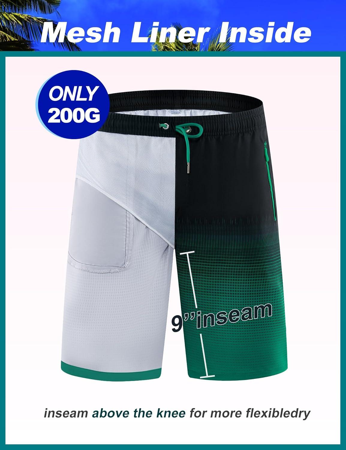 imageAPTRO Mens Swim Trunks 9 inch Bathing Suit Board Shorts with Zipper Pockets Swimming Swimsuit Beach Shorts Big and TallLr Black Green