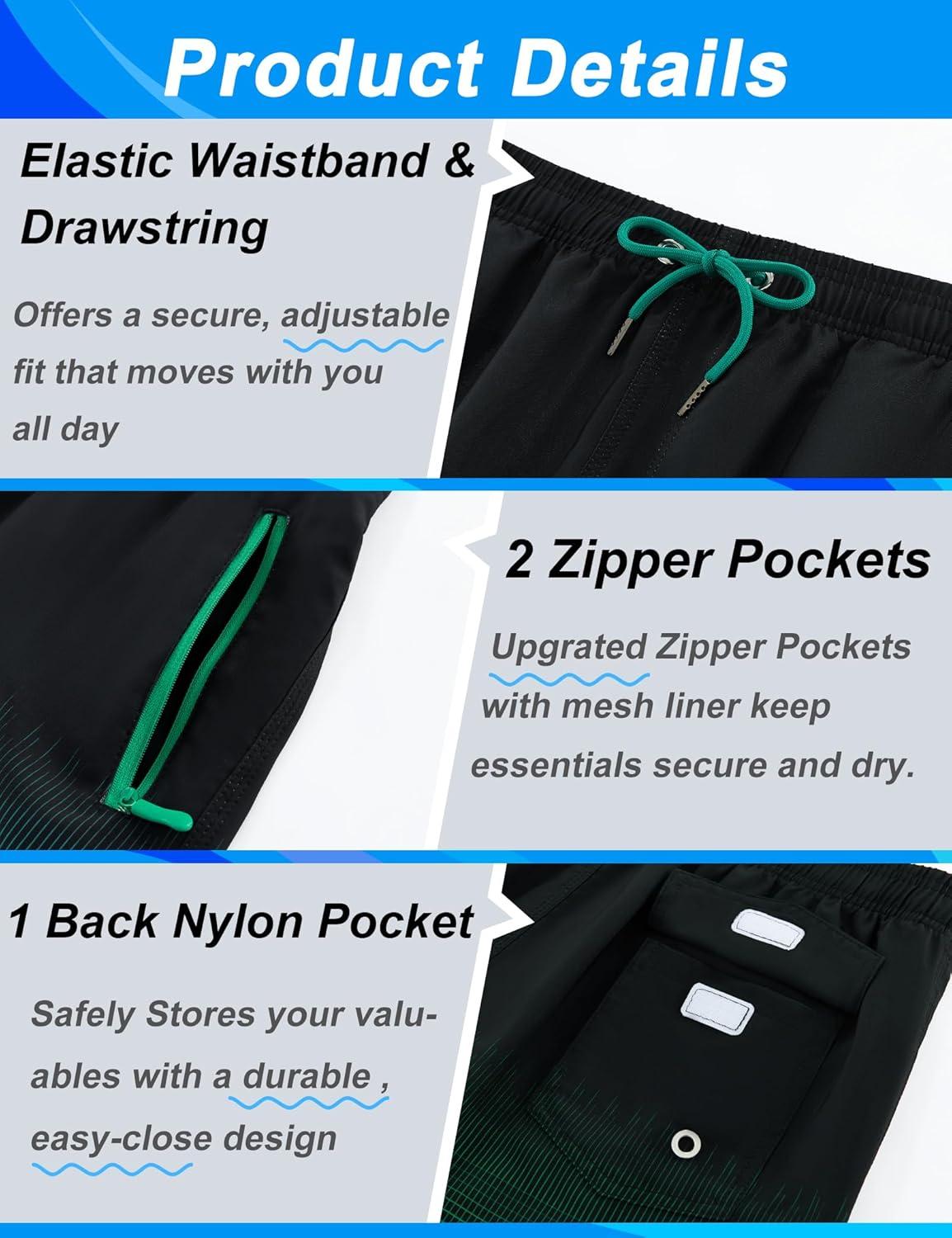 imageAPTRO Mens Swim Trunks 9 inch Bathing Suit Board Shorts with Zipper Pockets Swimming Swimsuit Beach Shorts Big and TallLr Black Green