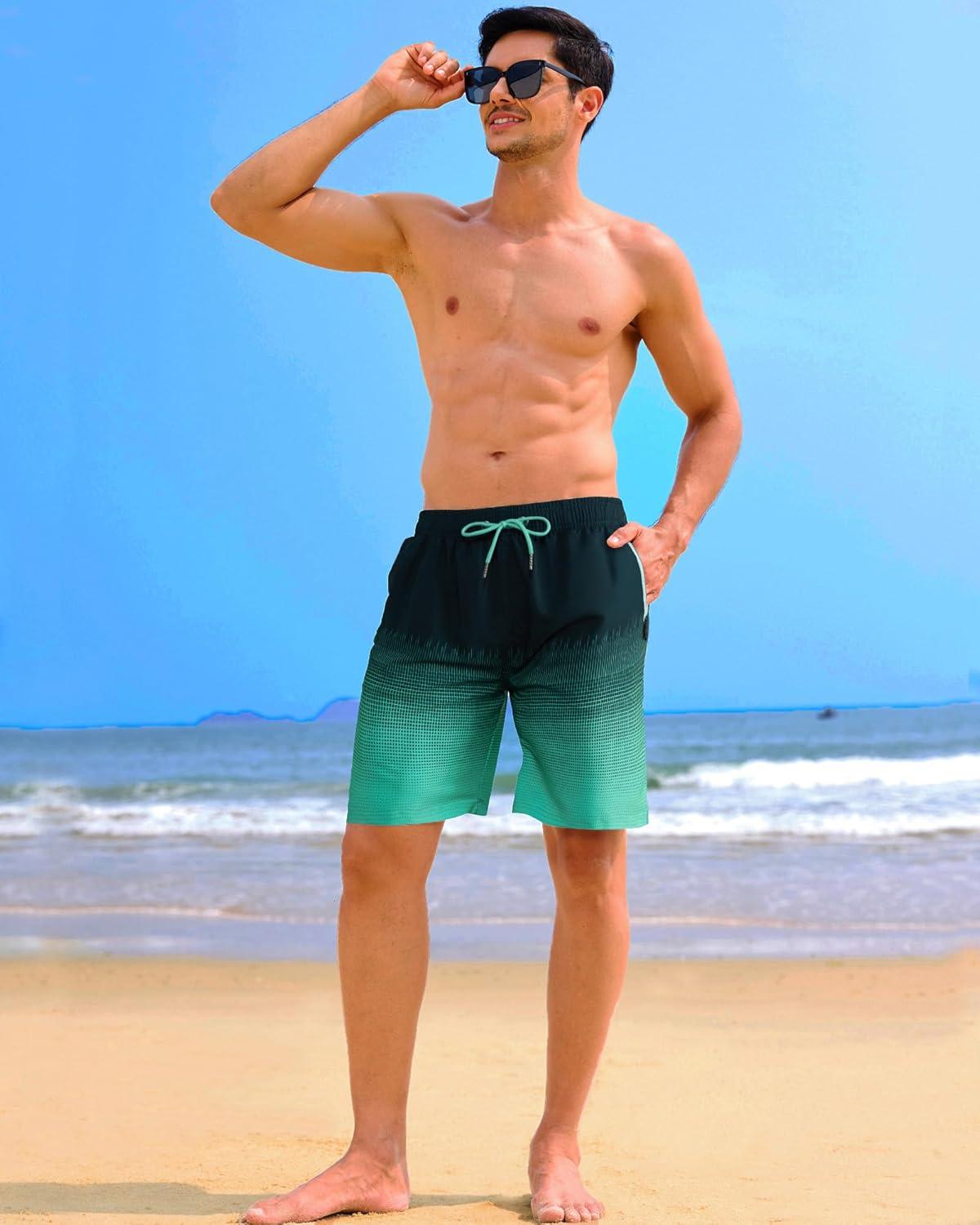 imageAPTRO Mens Swim Trunks 9 inch Bathing Suit Board Shorts with Zipper Pockets Swimming Swimsuit Beach Shorts Big and TallLr Black Mint