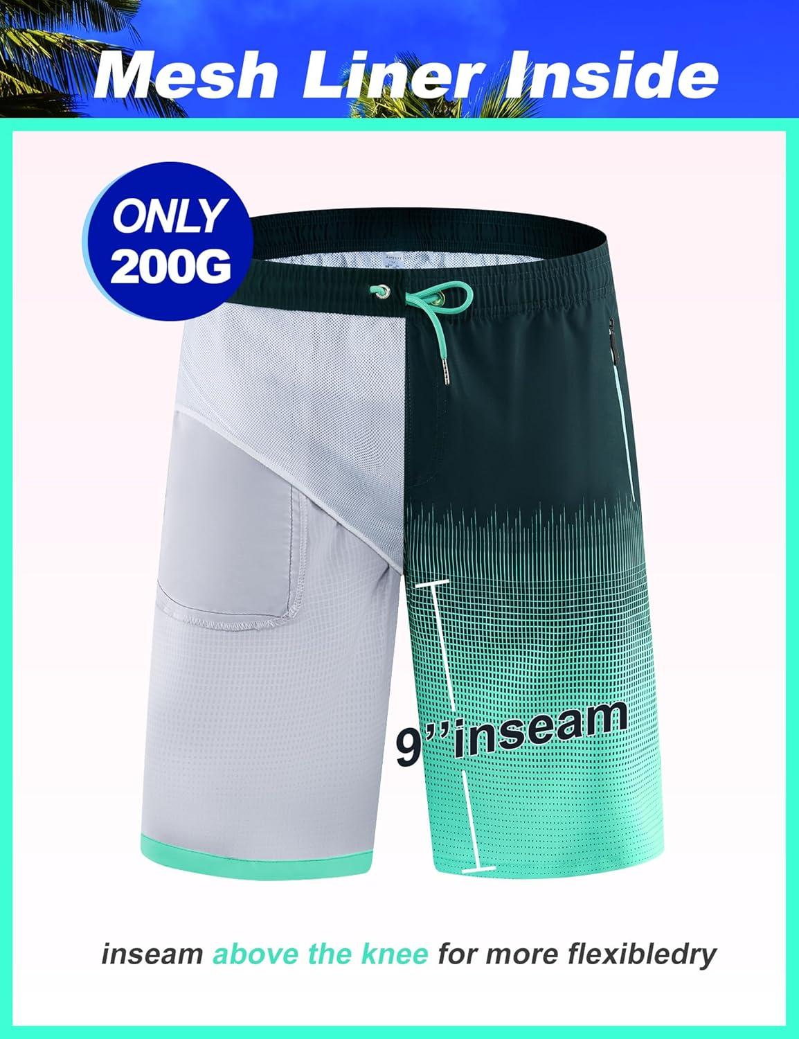 imageAPTRO Mens Swim Trunks 9 inch Bathing Suit Board Shorts with Zipper Pockets Swimming Swimsuit Beach Shorts Big and TallLr Black Mint