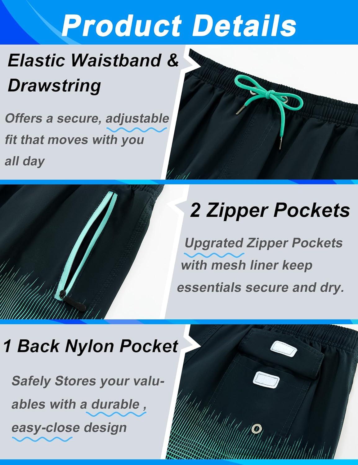 imageAPTRO Mens Swim Trunks 9 inch Bathing Suit Board Shorts with Zipper Pockets Swimming Swimsuit Beach Shorts Big and TallLr Black Mint