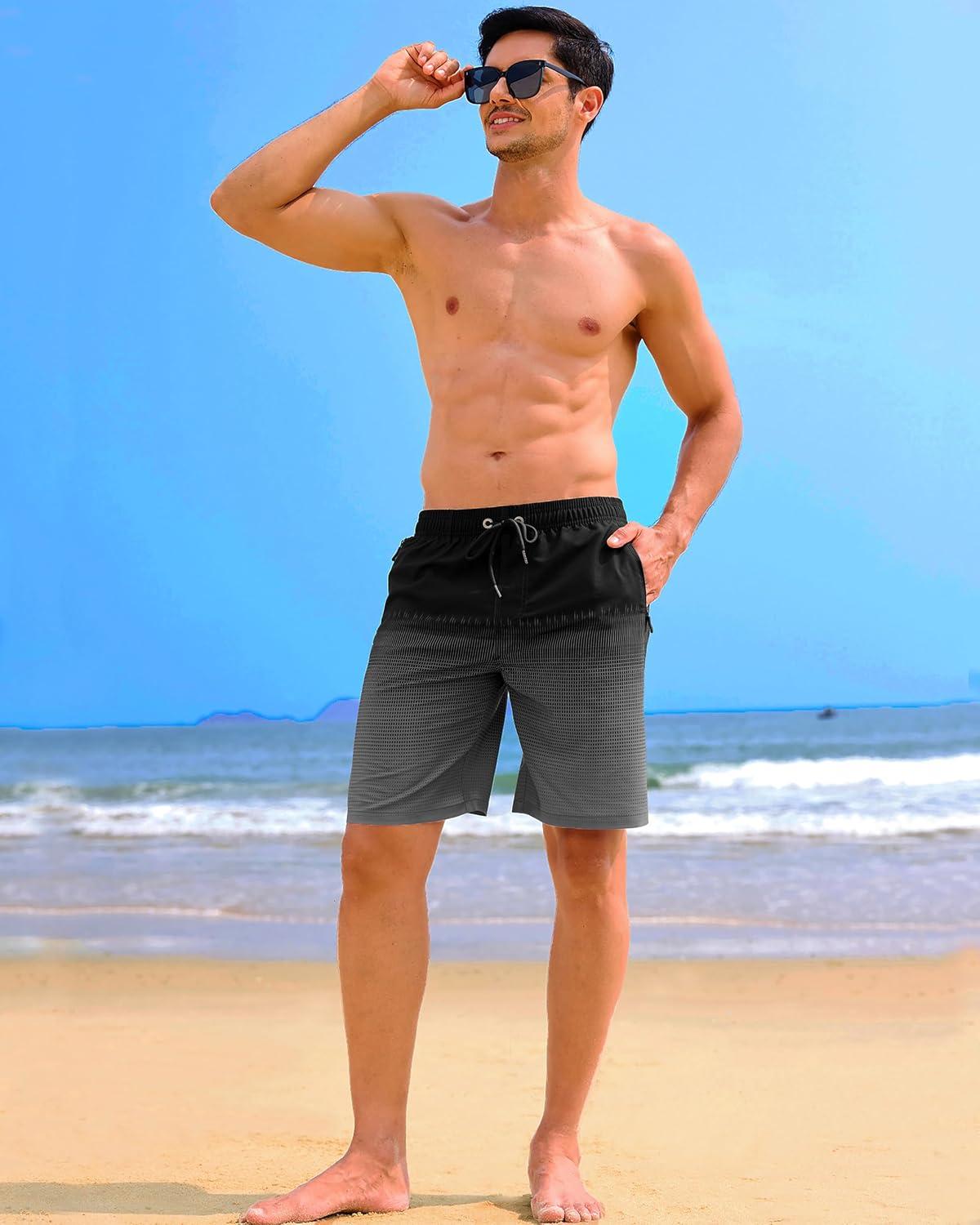 imageAPTRO Mens Swim Trunks 9 inch Bathing Suit Board Shorts with Zipper Pockets Swimming Swimsuit Beach Shorts Big and TallLr Grey