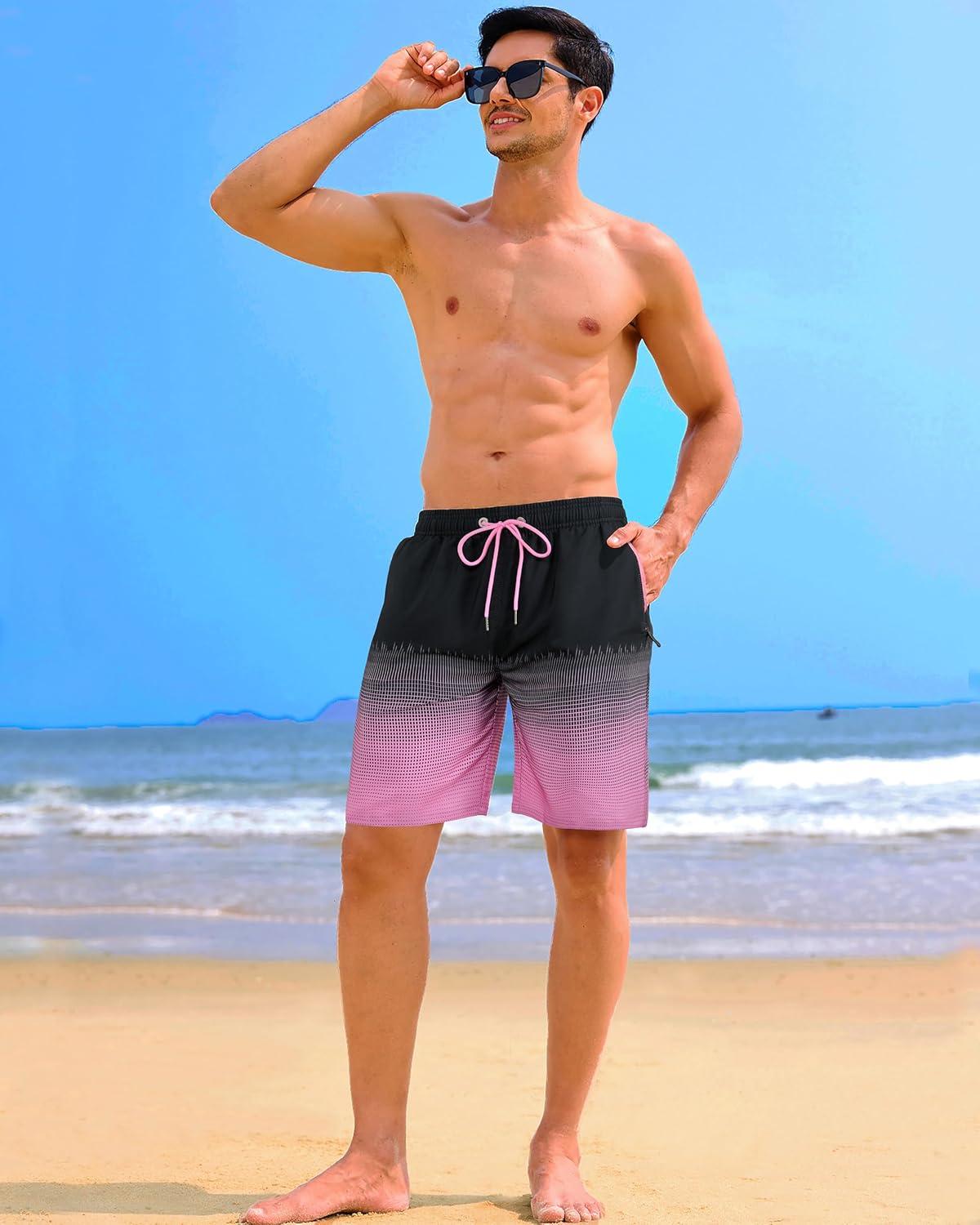 imageAPTRO Mens Swim Trunks 9 inch Bathing Suit Board Shorts with Zipper Pockets Swimming Swimsuit Beach Shorts Big and TallLr Pink