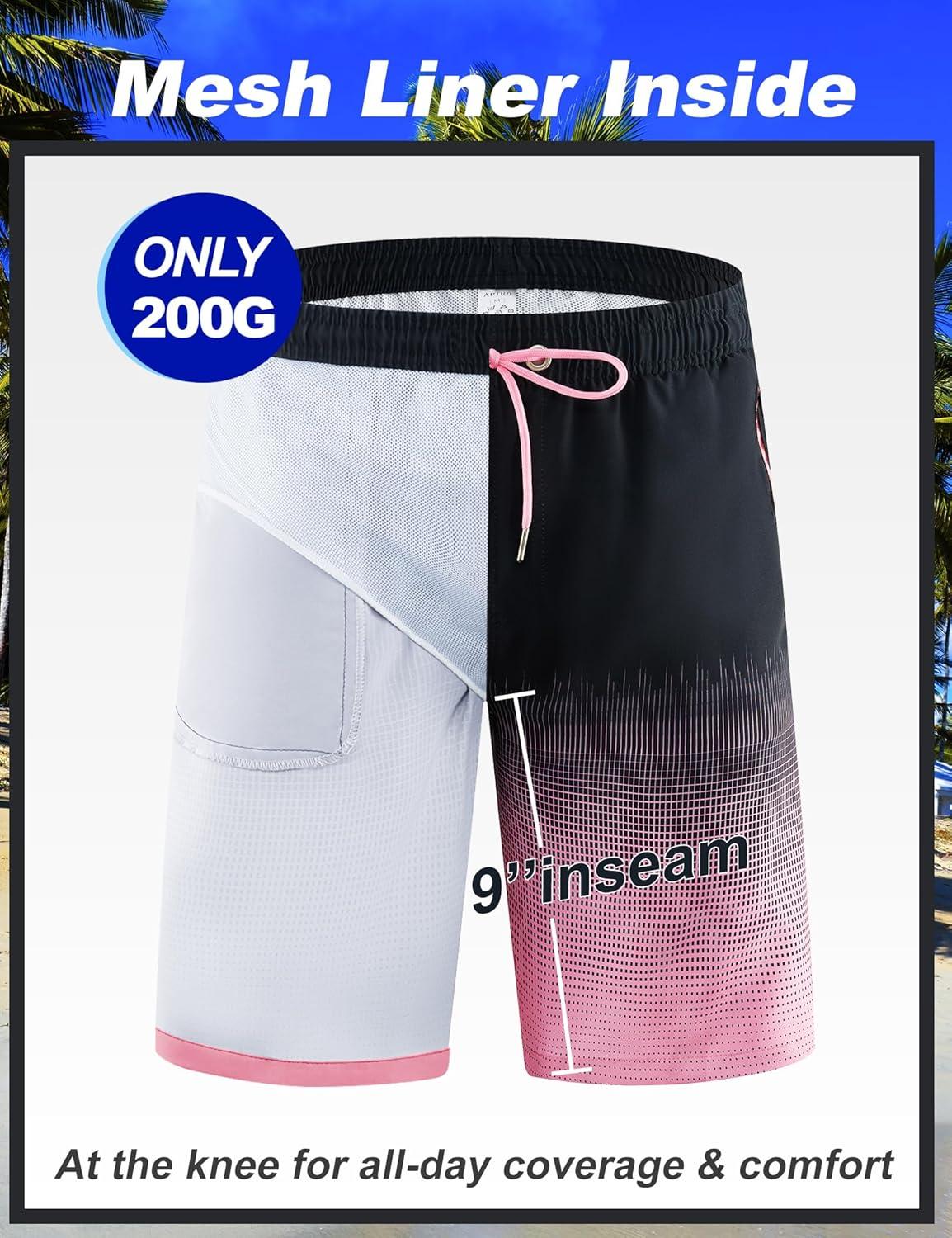 imageAPTRO Mens Swim Trunks 9 inch Bathing Suit Board Shorts with Zipper Pockets Swimming Swimsuit Beach Shorts Big and TallLr Pink