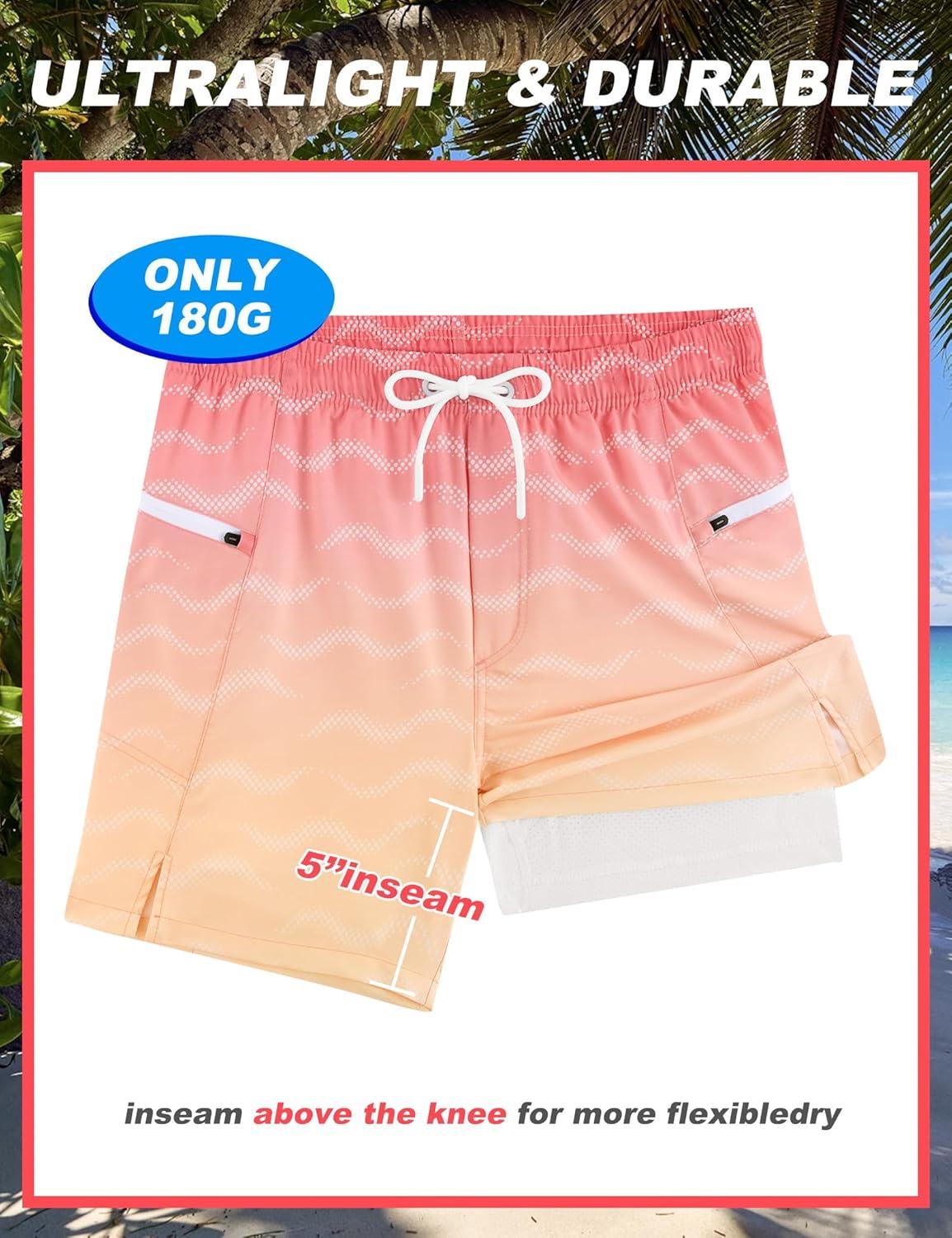 imageAPTRO Mens Swim Trunks with Compression Liner 5quot Quick Dry Bathing Suit Swim Shorts with Zipper Pockets Board Shorts SwimsuitW01pink