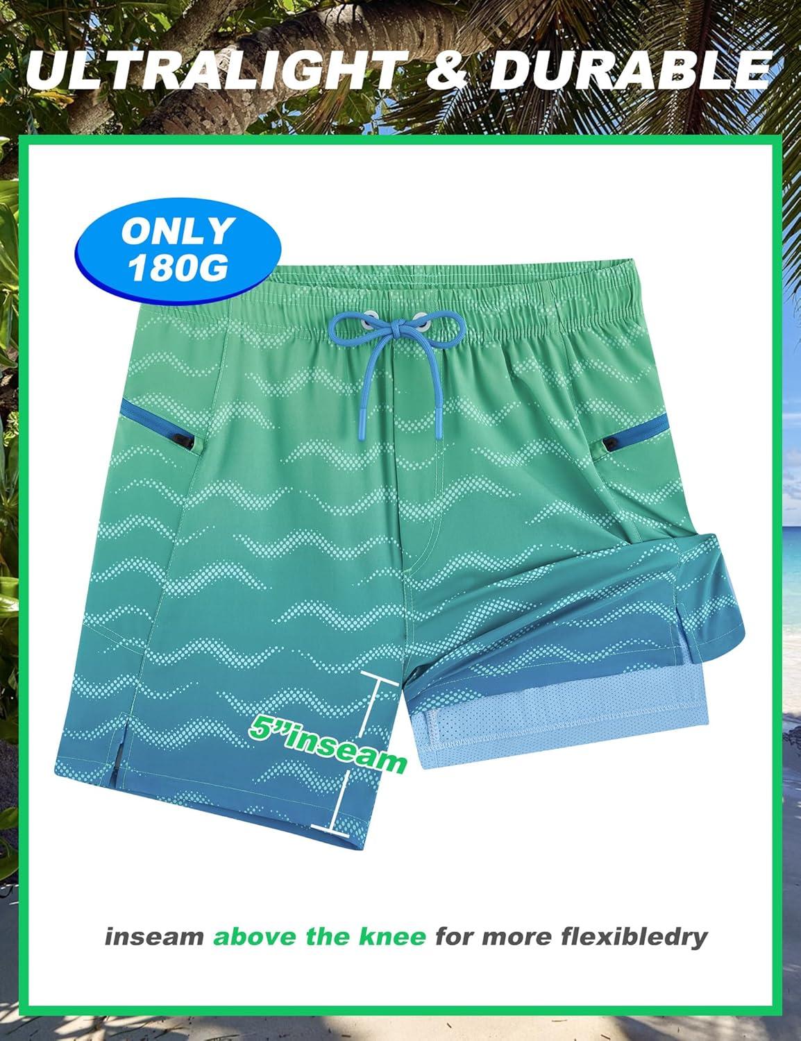 imageAPTRO Mens Swim Trunks with Compression Liner 5quot Quick Dry Bathing Suit Swim Shorts with Zipper Pockets Board Shorts SwimsuitW02blue Green