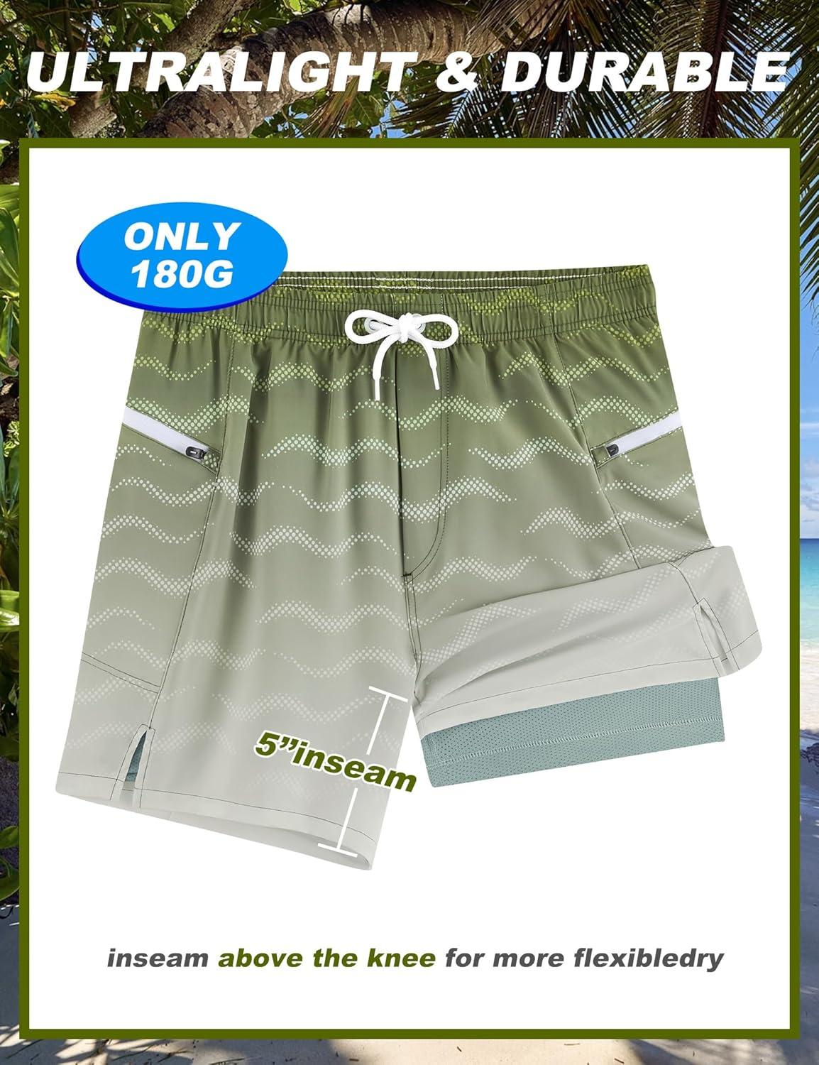 imageAPTRO Mens Swim Trunks with Compression Liner 5quot Quick Dry Bathing Suit Swim Shorts with Zipper Pockets Board Shorts SwimsuitW04army Green