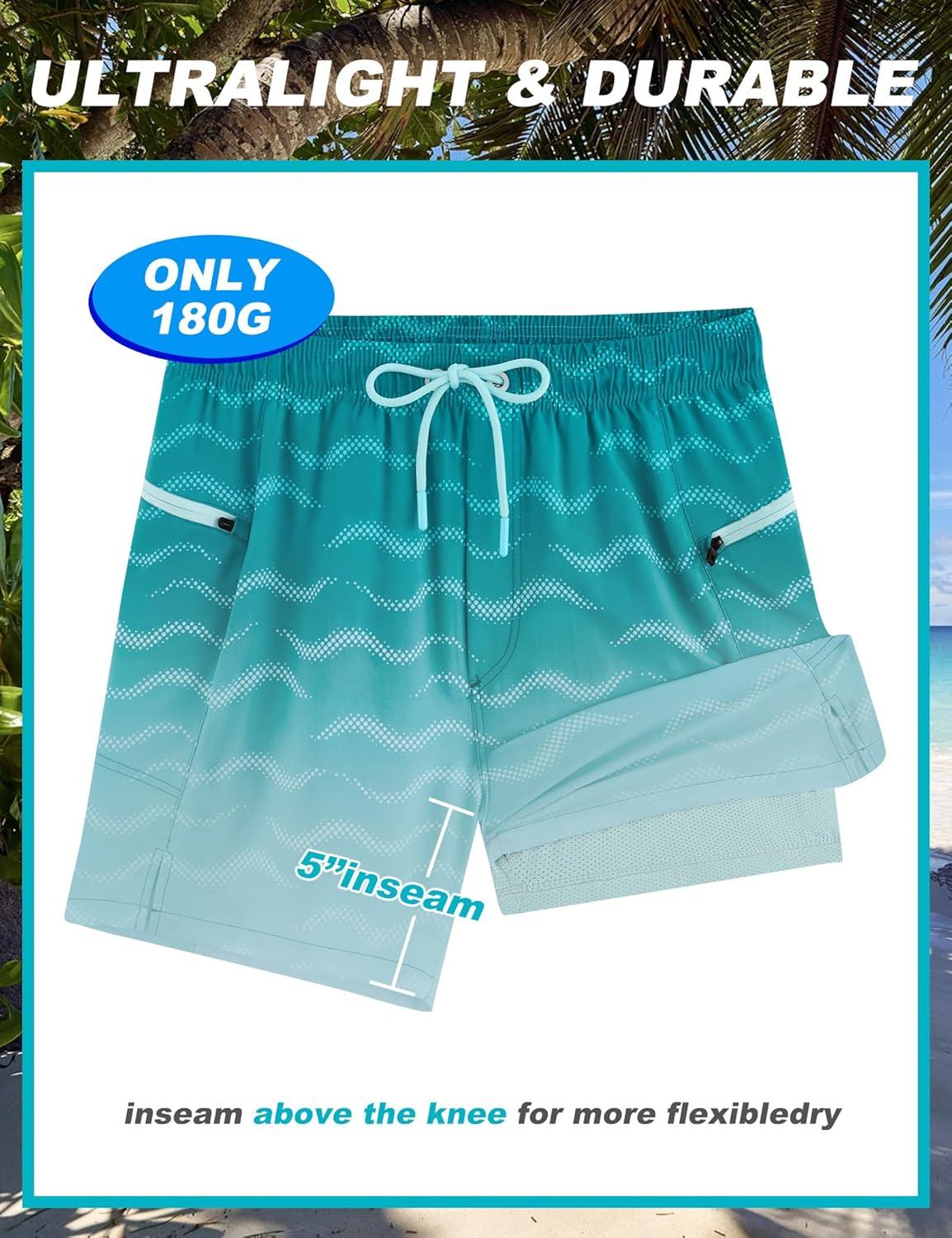 imageAPTRO Mens Swim Trunks with Compression Liner 5quot Quick Dry Bathing Suit Swim Shorts with Zipper Pockets Board Shorts SwimsuitW05cyan