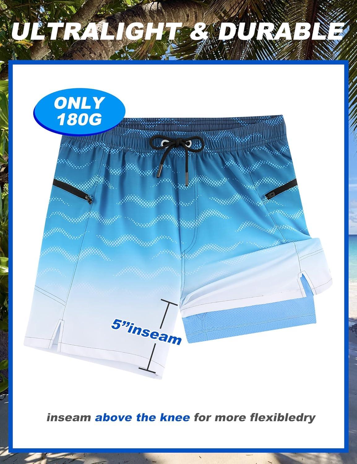 imageAPTRO Mens Swim Trunks with Compression Liner 5quot Quick Dry Bathing Suit Swim Shorts with Zipper Pockets Board Shorts SwimsuitW06dark Blue