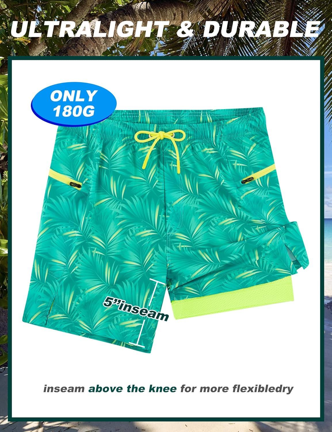imageAPTRO Mens Swim Trunks with Compression Liner 5quot Quick Dry Bathing Suit Swim Shorts with Zipper Pockets Board Shorts SwimsuitW08 Green Leaf