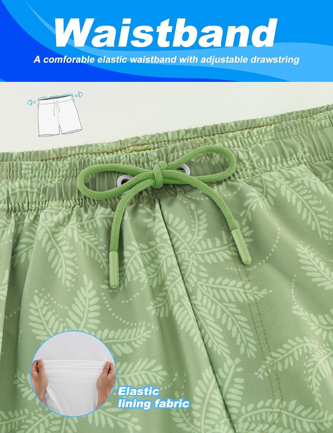 imageAPTRO Mens Swim Trunks with Compression Liner 5quot Quick Dry Bathing Suit Swim Shorts with Zipper Pockets Board Shorts SwimsuitW10 Green Leaves