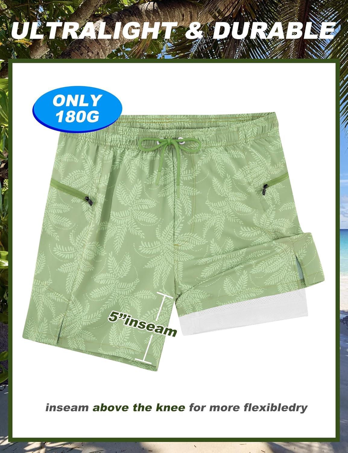 imageAPTRO Mens Swim Trunks with Compression Liner 5quot Quick Dry Bathing Suit Swim Shorts with Zipper Pockets Board Shorts SwimsuitW10 Green Leaves