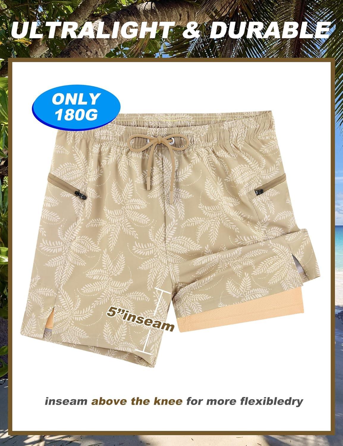 imageAPTRO Mens Swim Trunks with Compression Liner 5quot Quick Dry Bathing Suit Swim Shorts with Zipper Pockets Board Shorts SwimsuitW11 Brown Leaves