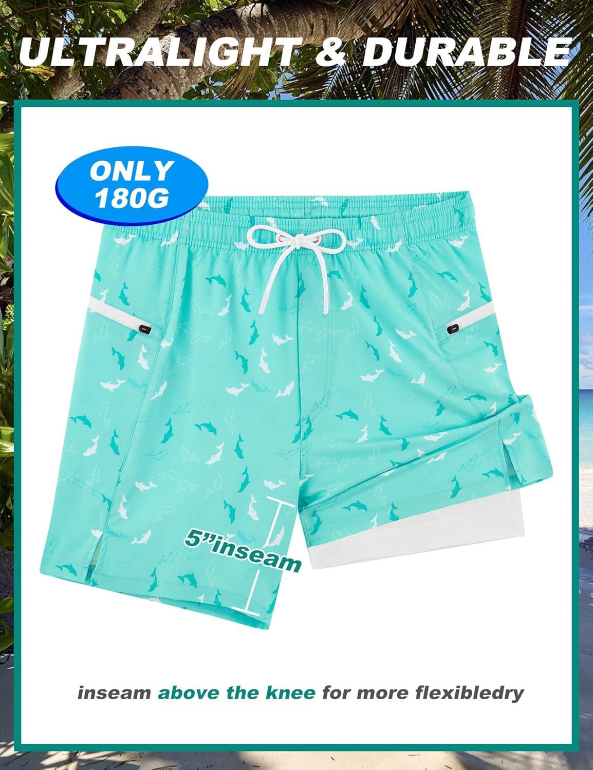 imageAPTRO Mens Swim Trunks with Compression Liner 5quot Quick Dry Bathing Suit Swim Shorts with Zipper Pockets Board Shorts SwimsuitW12 Mint Fish