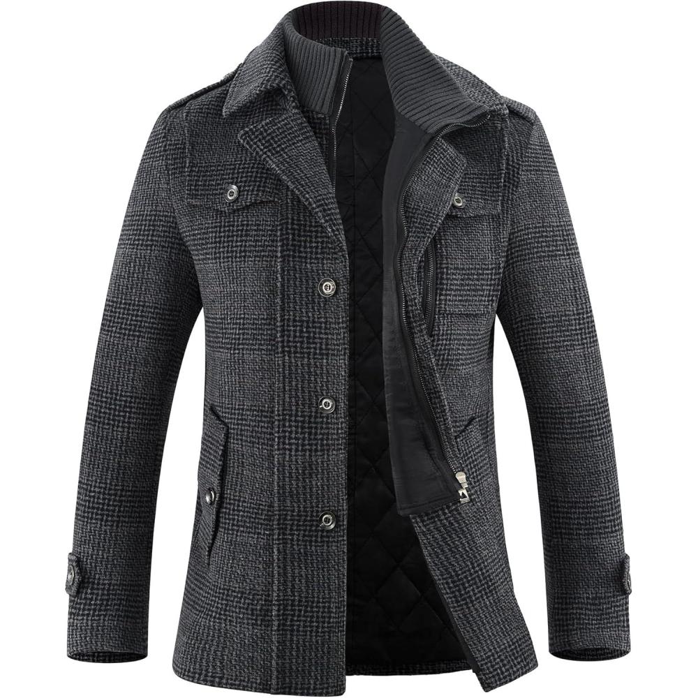 imageAPTRO Mens Pea Coat Wool Jacket Windbreaker Single Breasted Winter Coat11grey Plaid